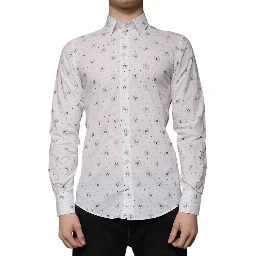 White Printed Cotton Slim Fit Men Dress Shirt