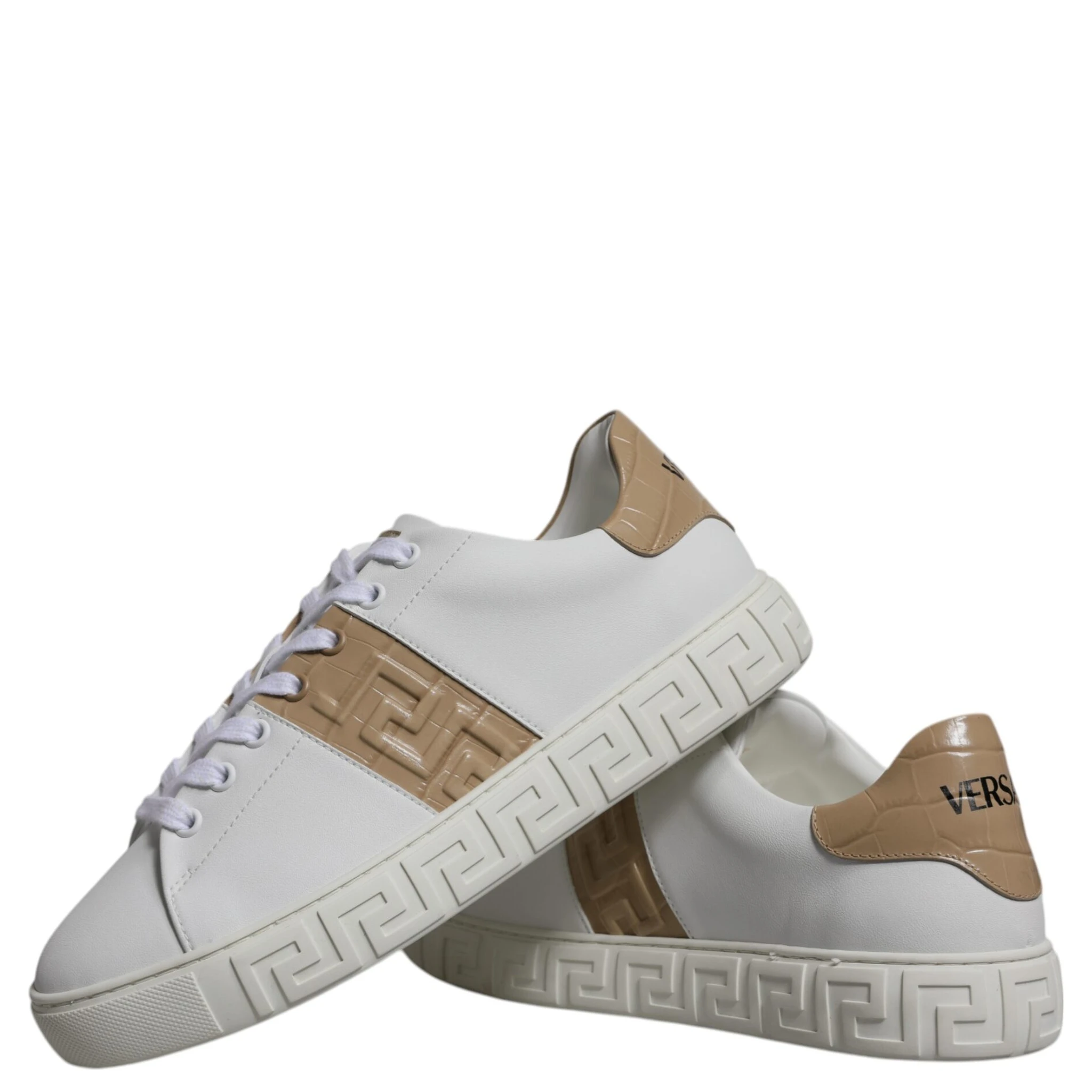 White Brown Greca Print TPU Low Top Men Sneakers Shoes