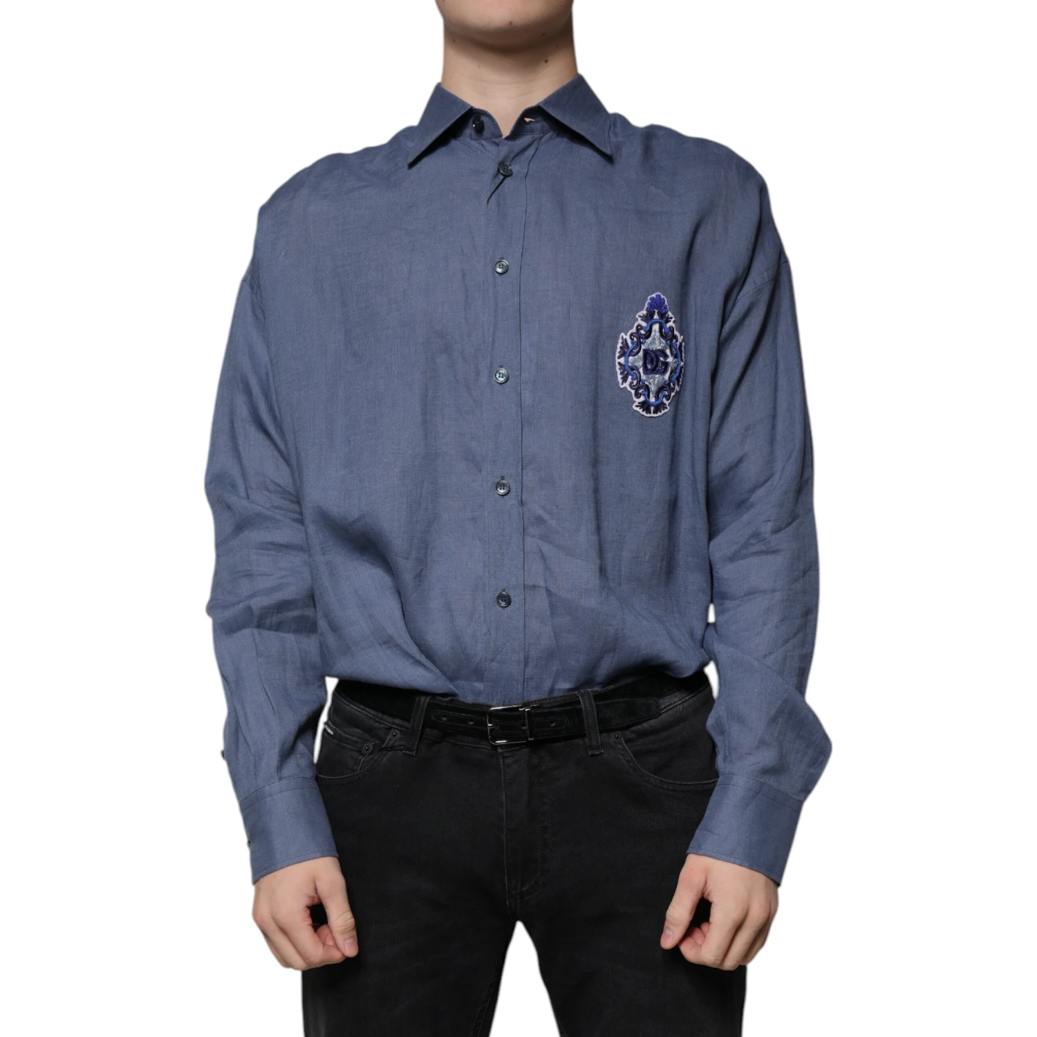 Blue Logo Long Sleeve Button Down Casual Shirt