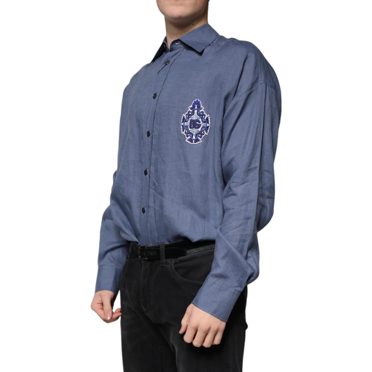 Blue Logo Long Sleeve Button Down Casual Shirt