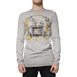 Gray Printed Cotton Crewneck Pullover Sweater