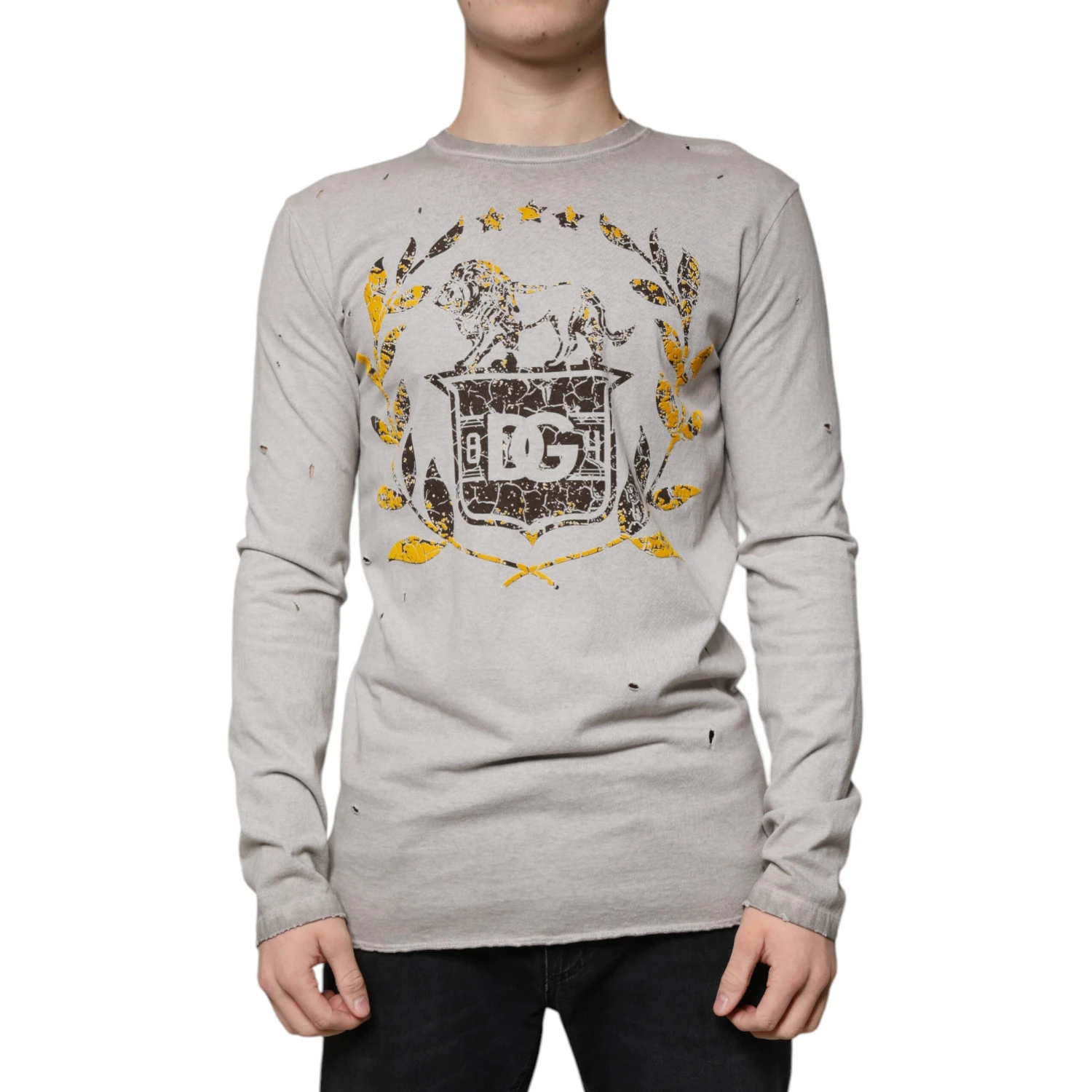 Gray Printed Cotton Crewneck Pullover Sweater