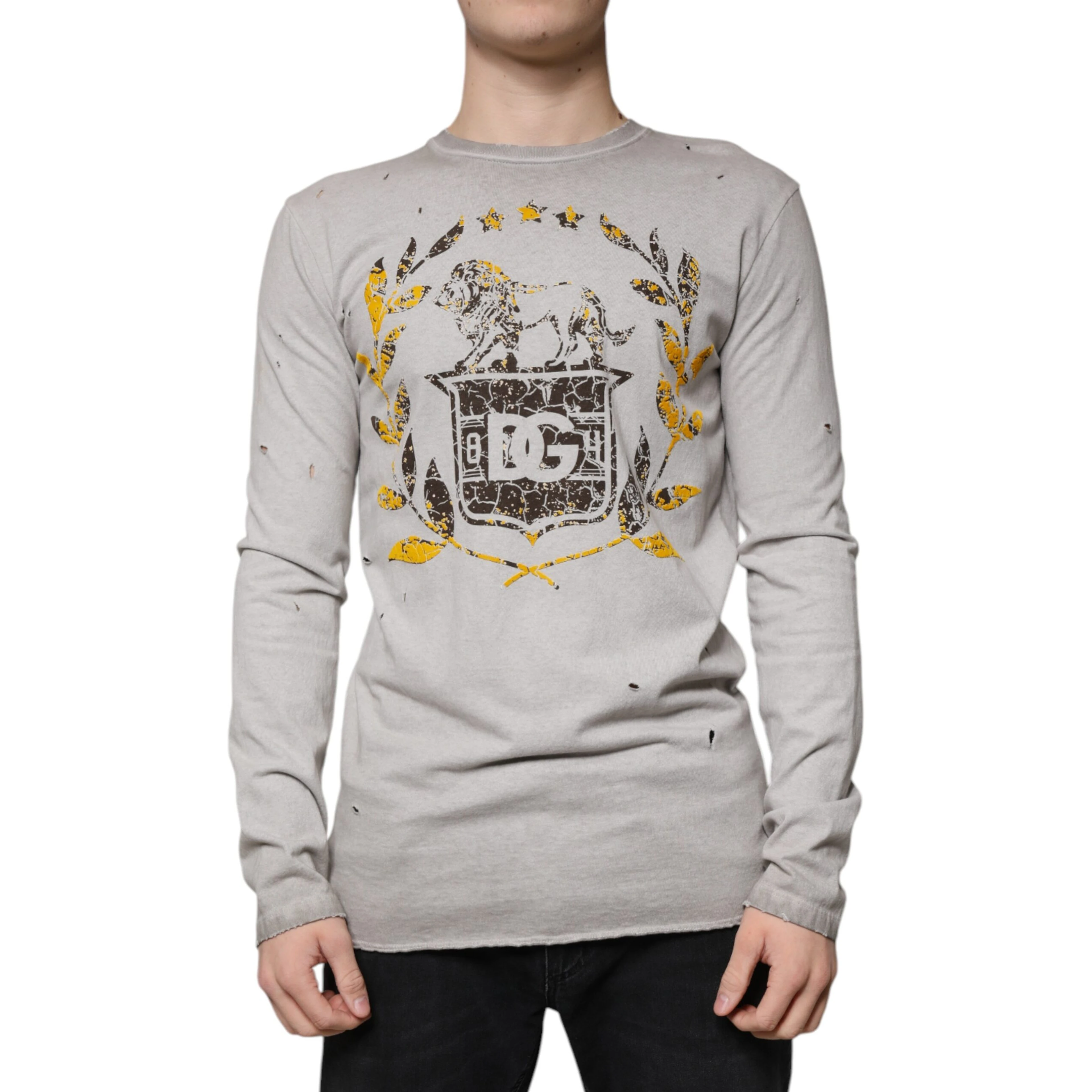 Gray Printed Cotton Crewneck Pullover Sweater