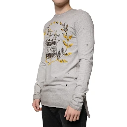 Gray Printed Cotton Crewneck Pullover Sweater