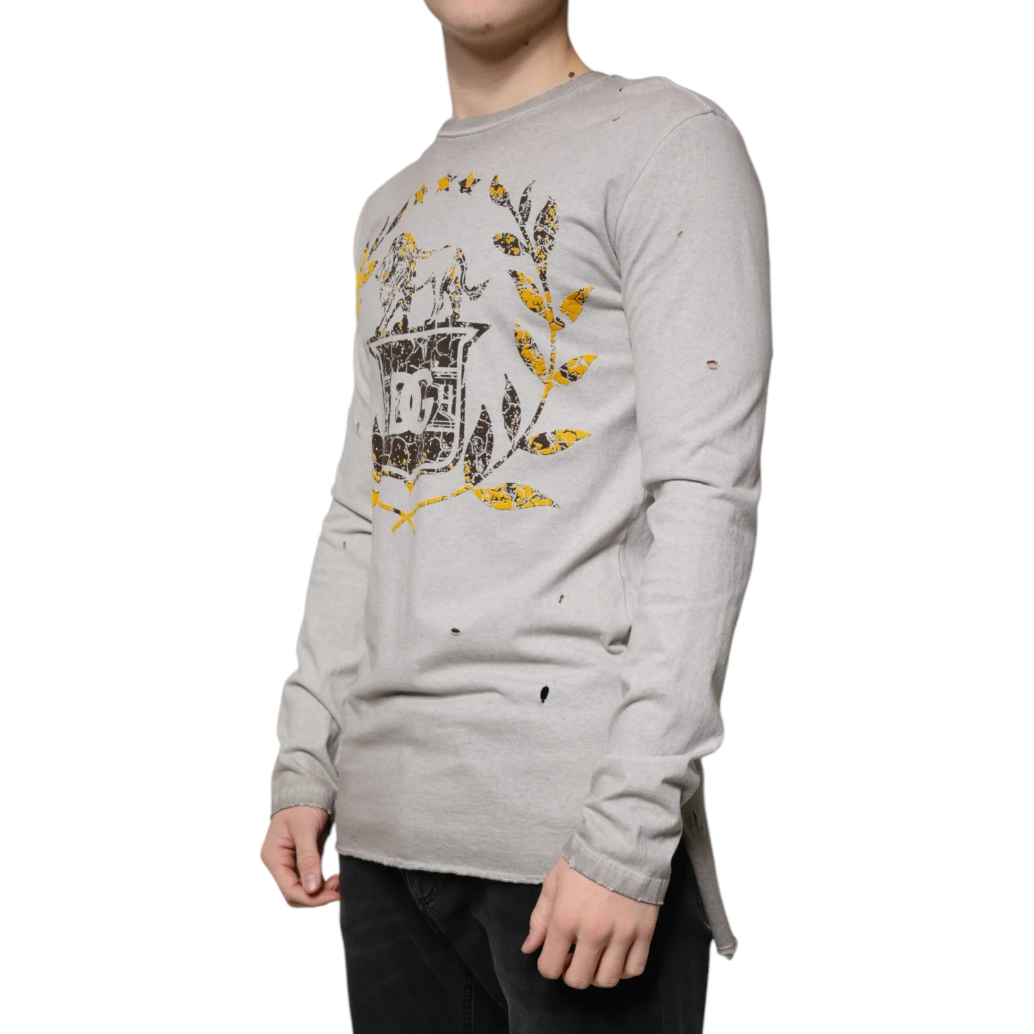 Gray Printed Cotton Crewneck Pullover Sweater