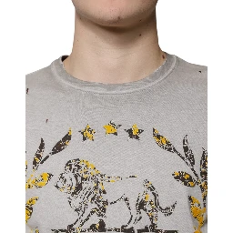 Gray Printed Cotton Crewneck Pullover Sweater