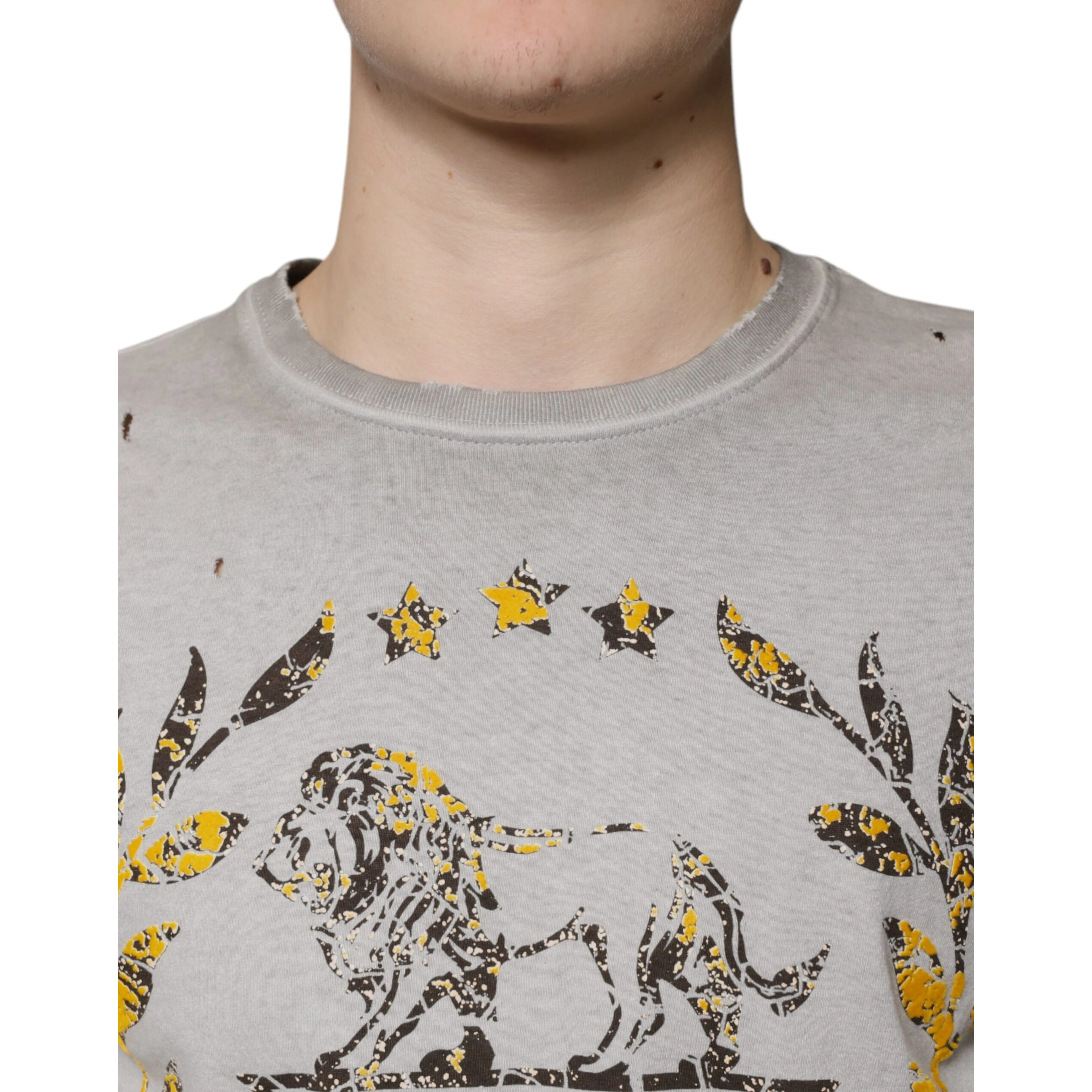 Gray Printed Cotton Crewneck Pullover Sweater