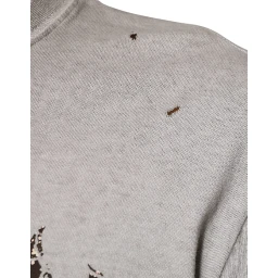 Gray Printed Cotton Crewneck Pullover Sweater