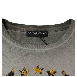 Gray Printed Cotton Crewneck Pullover Sweater