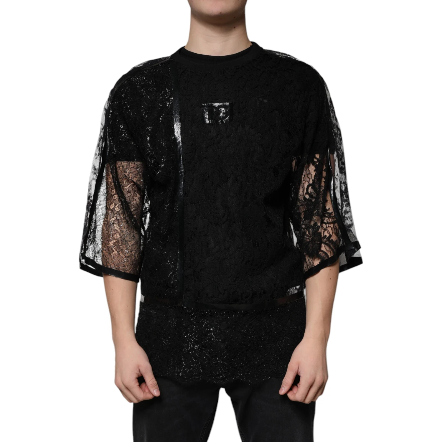 Black Nylon Floral Lace Crew Neck T-shirt