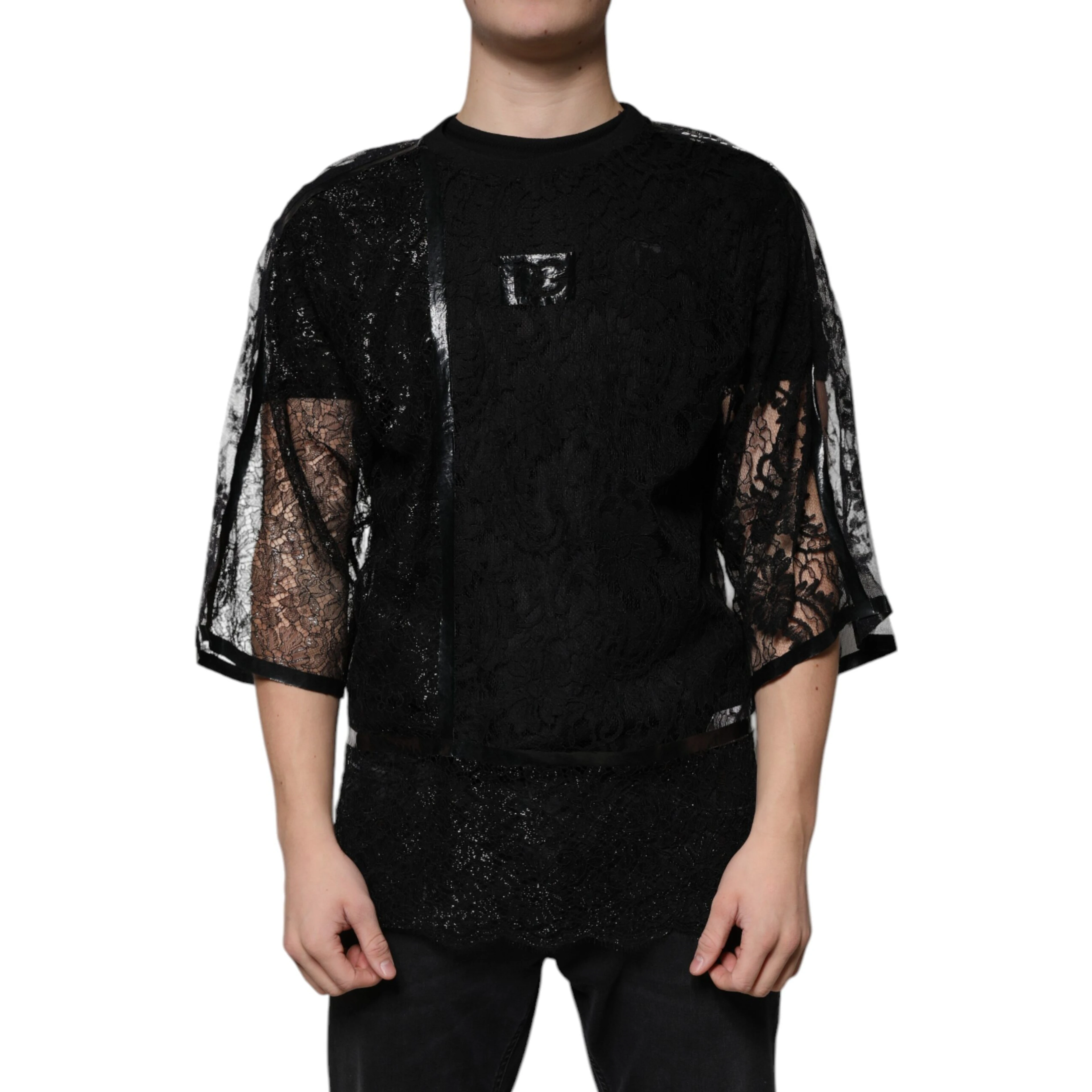 Black Nylon Floral Lace Crew Neck T-shirt