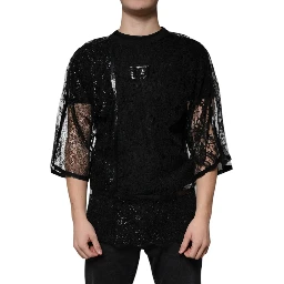 Black Nylon Floral Lace Crew Neck T-shirt