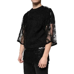 Black Nylon Floral Lace Crew Neck T-shirt