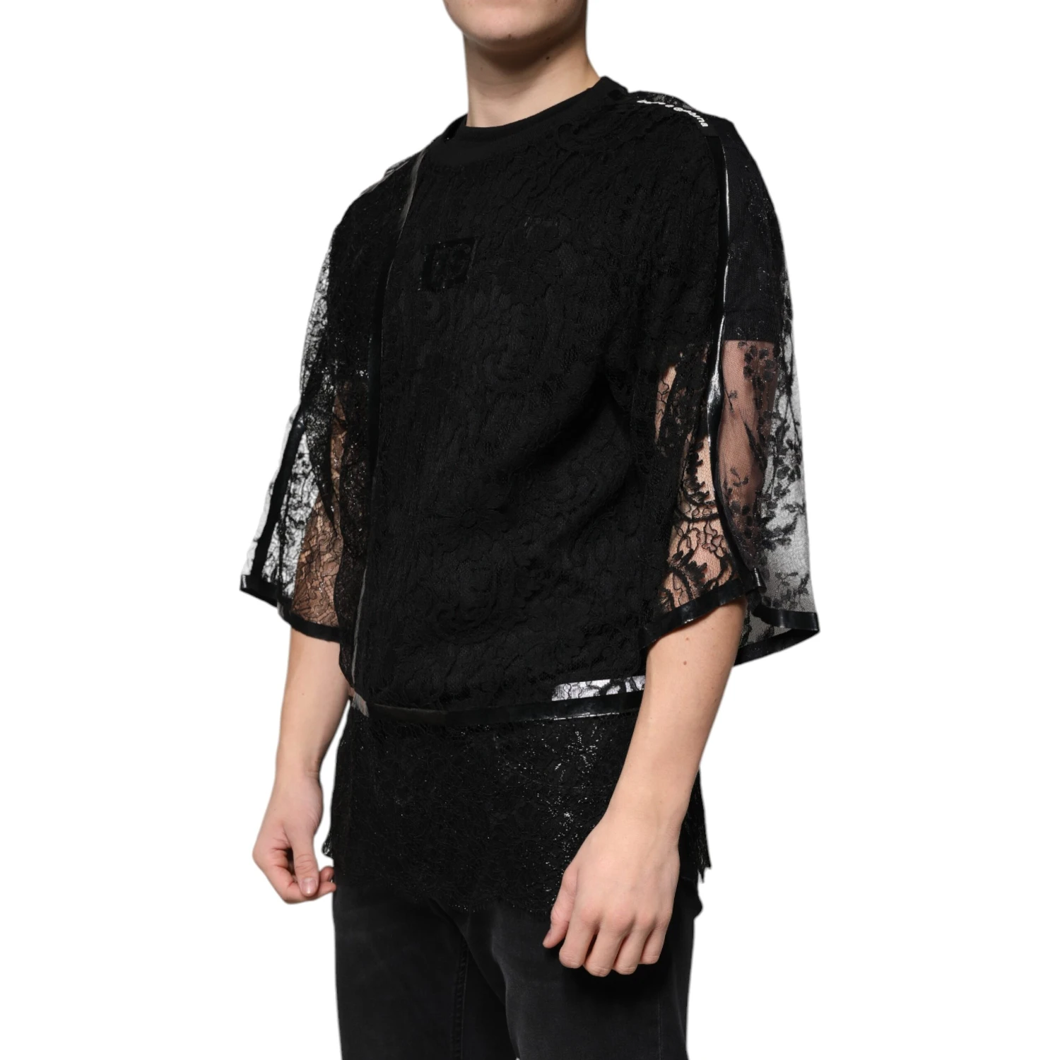 Black Nylon Floral Lace Crew Neck T-shirt