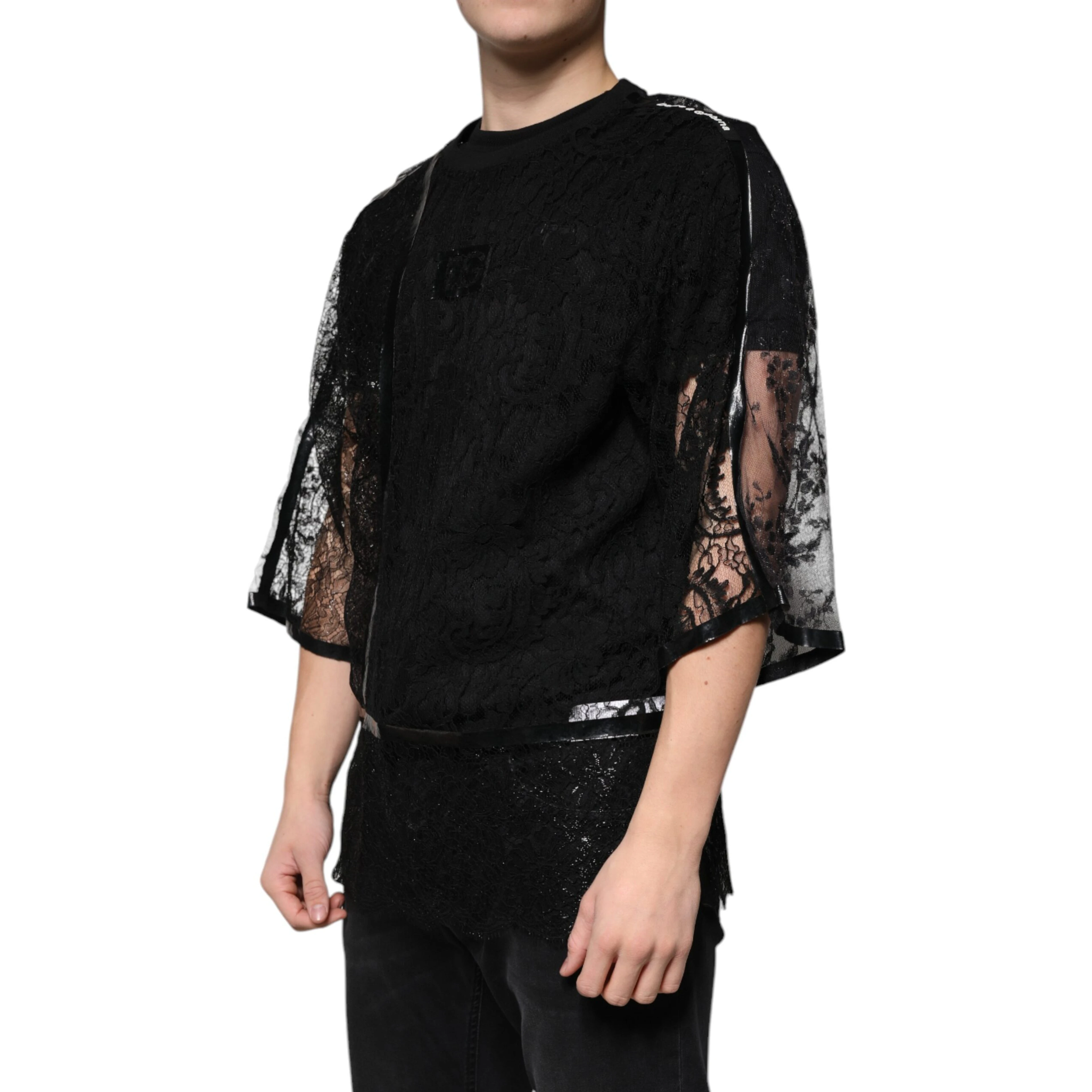 Black Nylon Floral Lace Crew Neck T-shirt