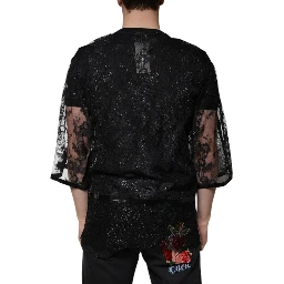 Black Nylon Floral Lace Crew Neck T-shirt