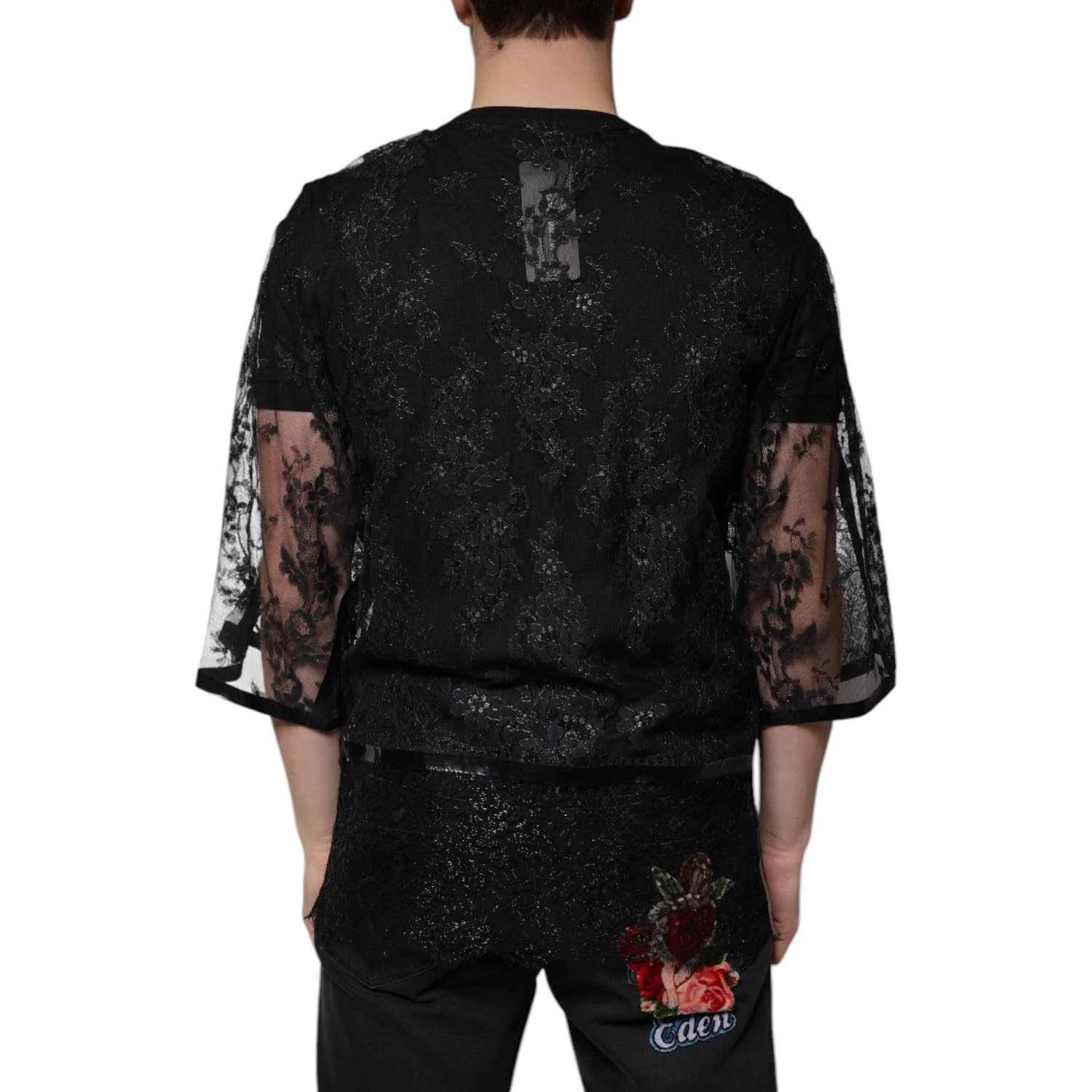 Black Nylon Floral Lace Crew Neck T-shirt