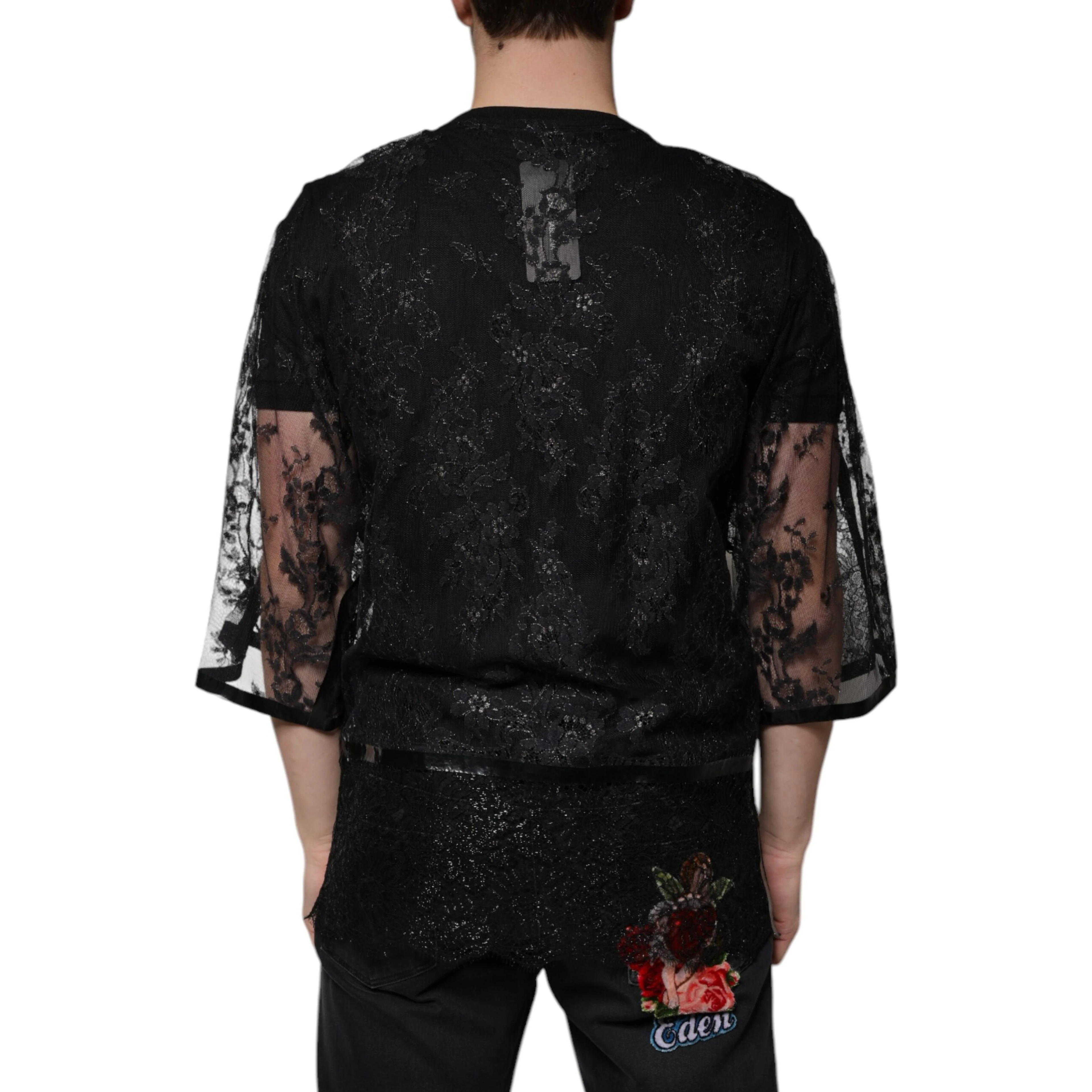 Black Nylon Floral Lace Crew Neck T-shirt