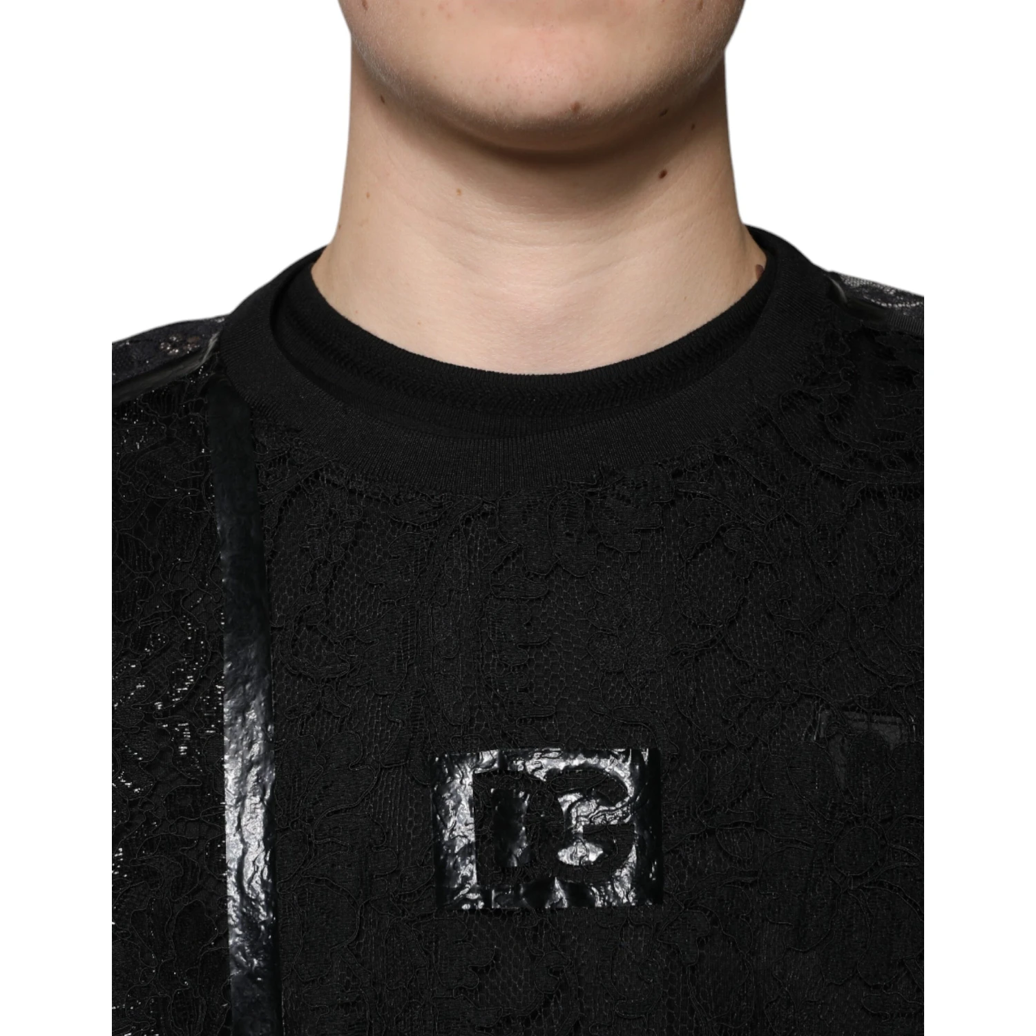Black Nylon Floral Lace Crew Neck T-shirt