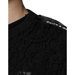 Black Nylon Floral Lace Crew Neck T-shirt