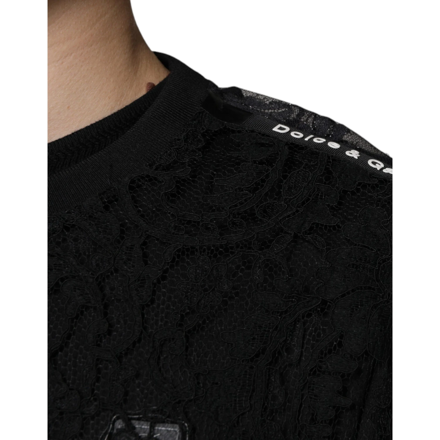 Black Nylon Floral Lace Crew Neck T-shirt