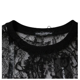 Black Nylon Floral Lace Crew Neck T-shirt
