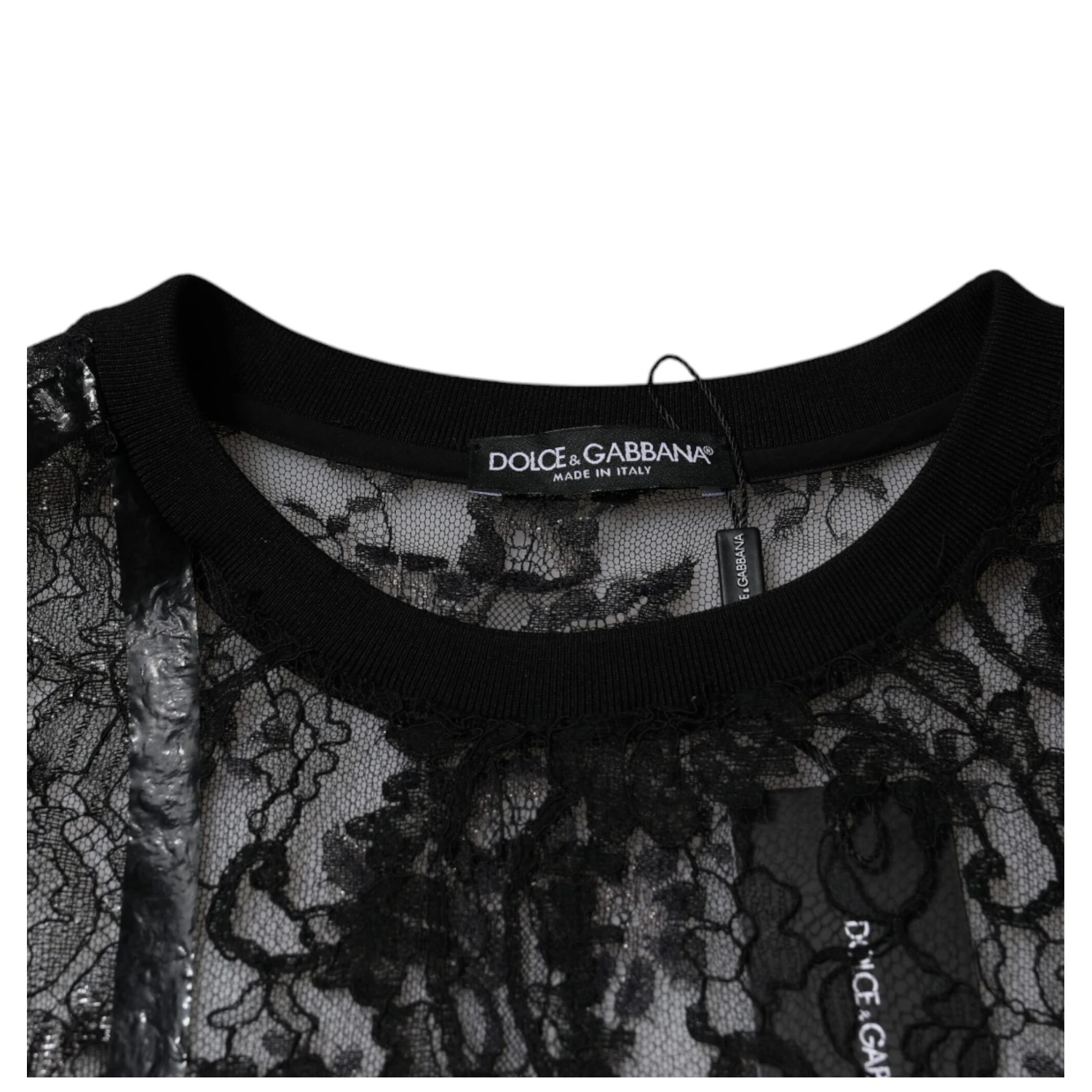Black Nylon Floral Lace Crew Neck T-shirt