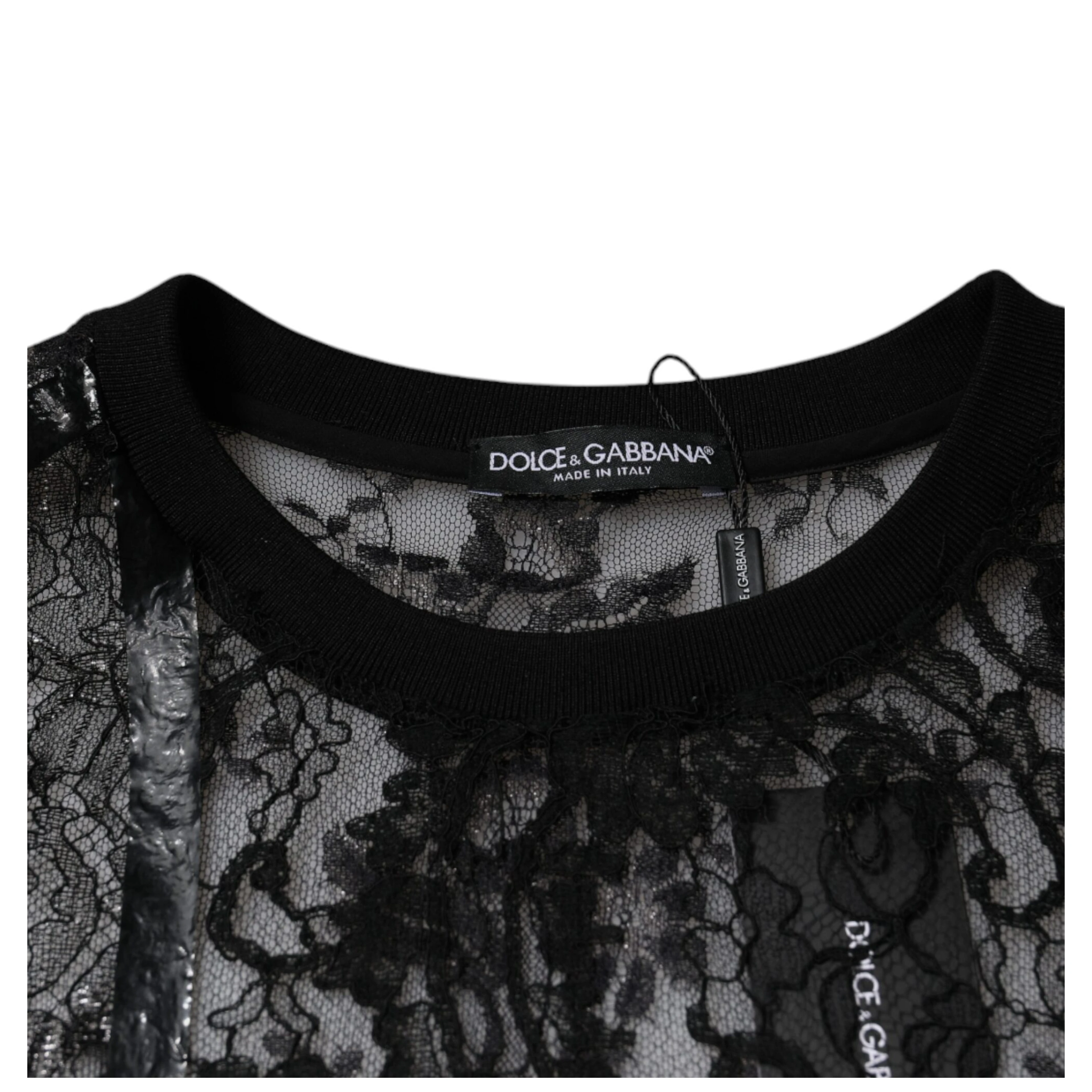 Black Nylon Floral Lace Crew Neck T-shirt