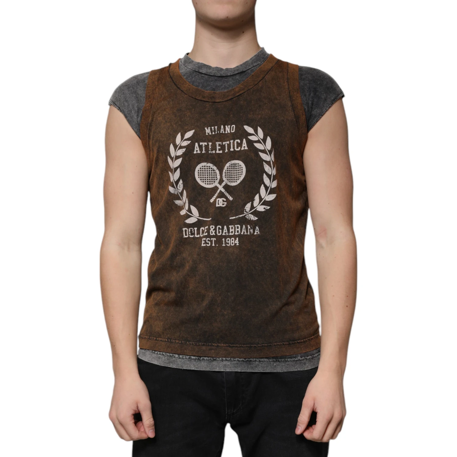 Brown Cotton Crew Neck Sleeveless T-shirt