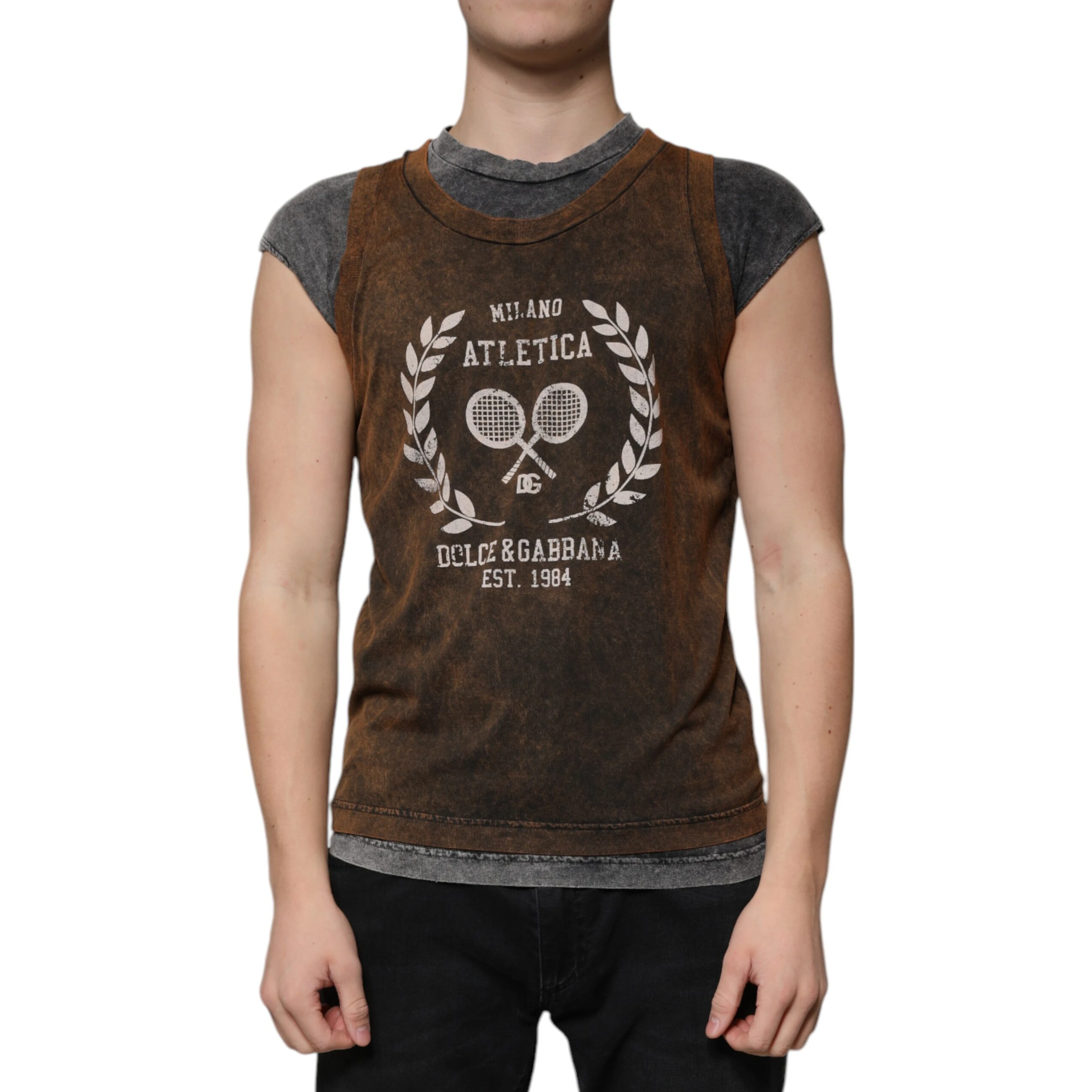 Brown Cotton Crew Neck Sleeveless T-shirt