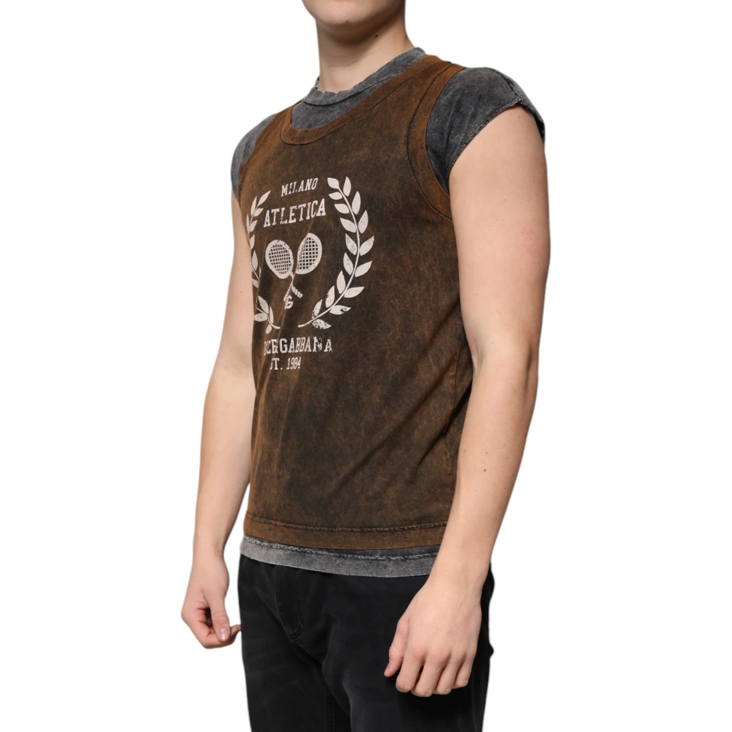 Brown Cotton Crew Neck Sleeveless T-shirt