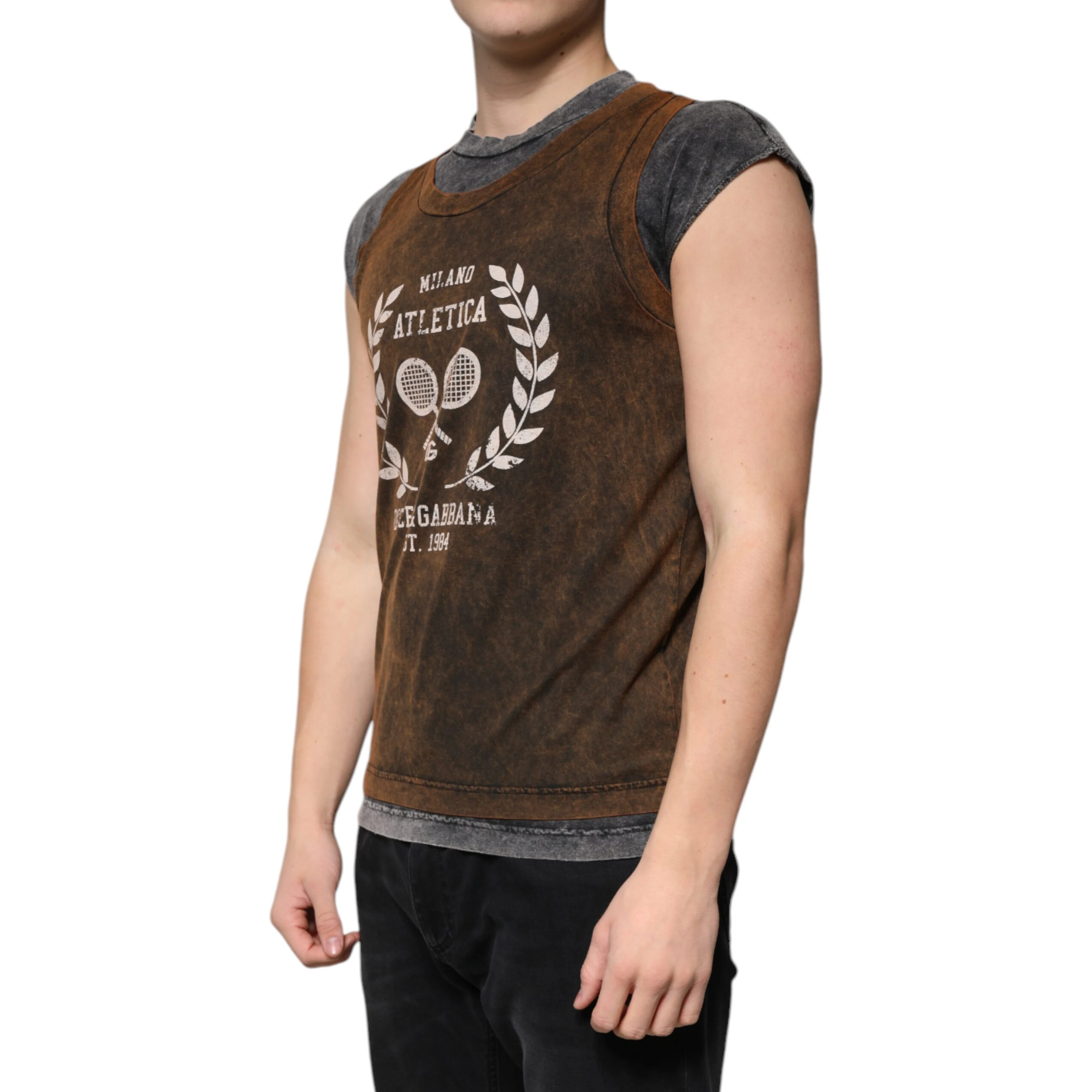 Brown Cotton Crew Neck Sleeveless T-shirt