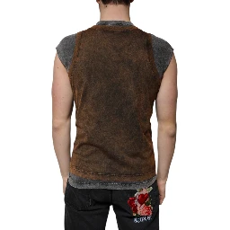 Brown Cotton Crew Neck Sleeveless T-shirt