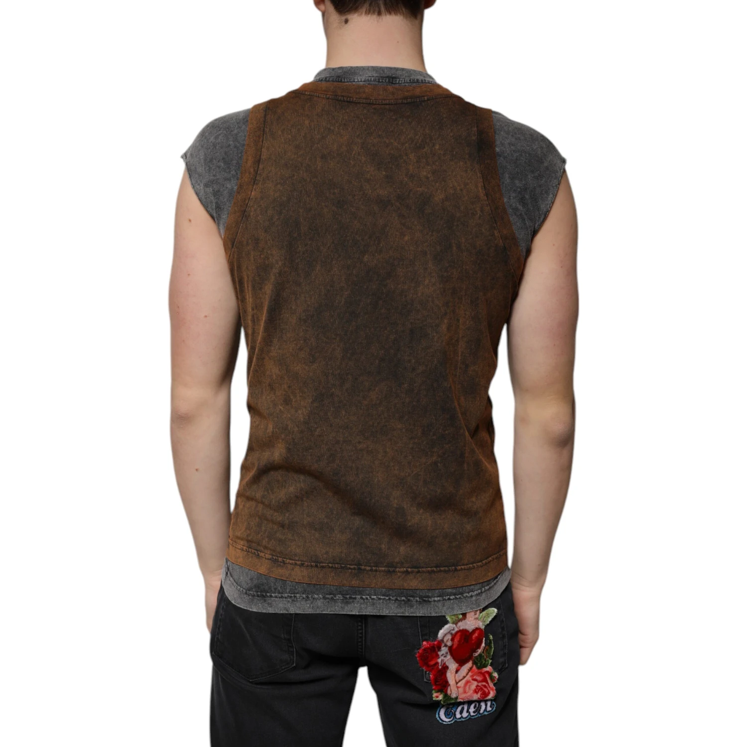 Brown Cotton Crew Neck Sleeveless T-shirt
