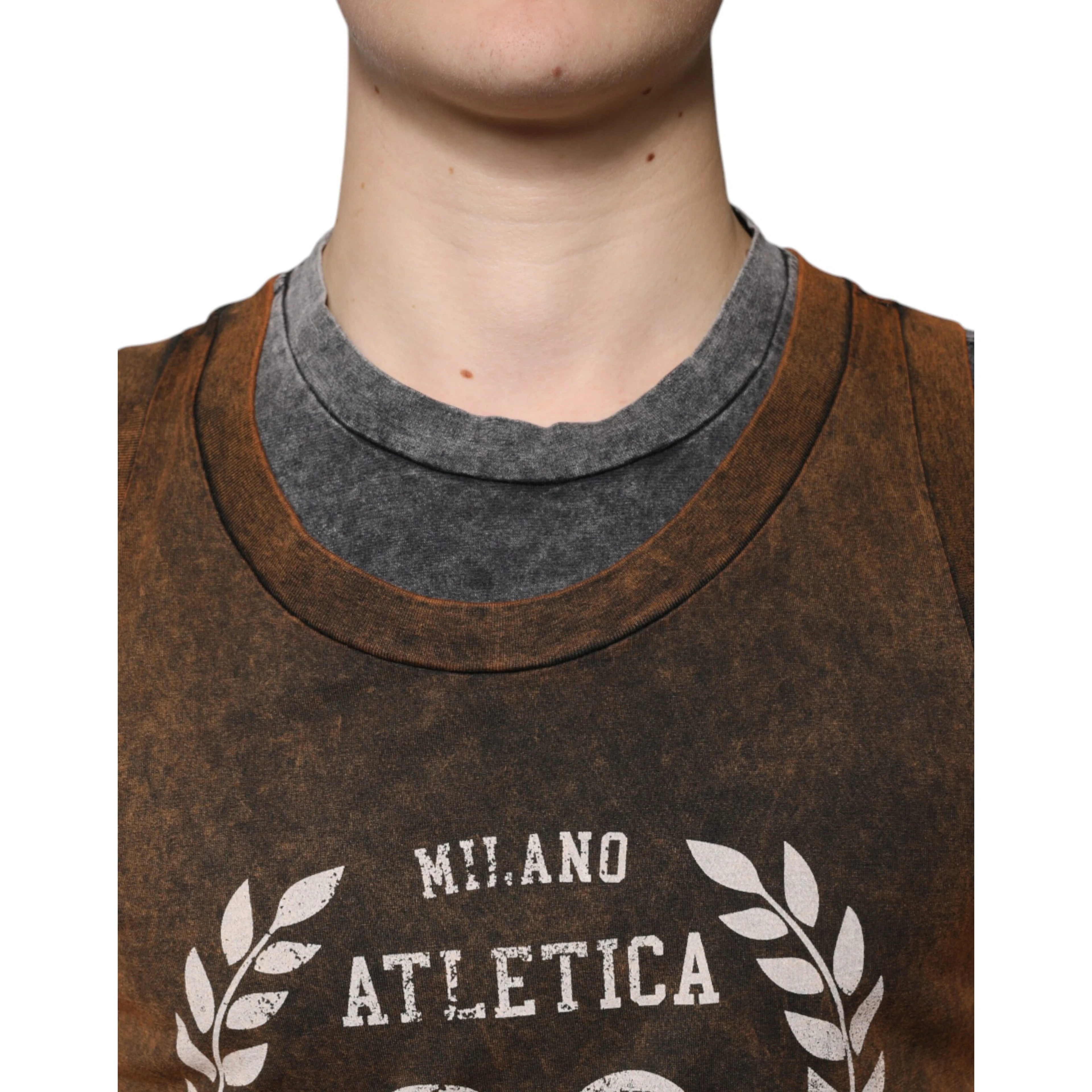 Brown Cotton Crew Neck Sleeveless T-shirt