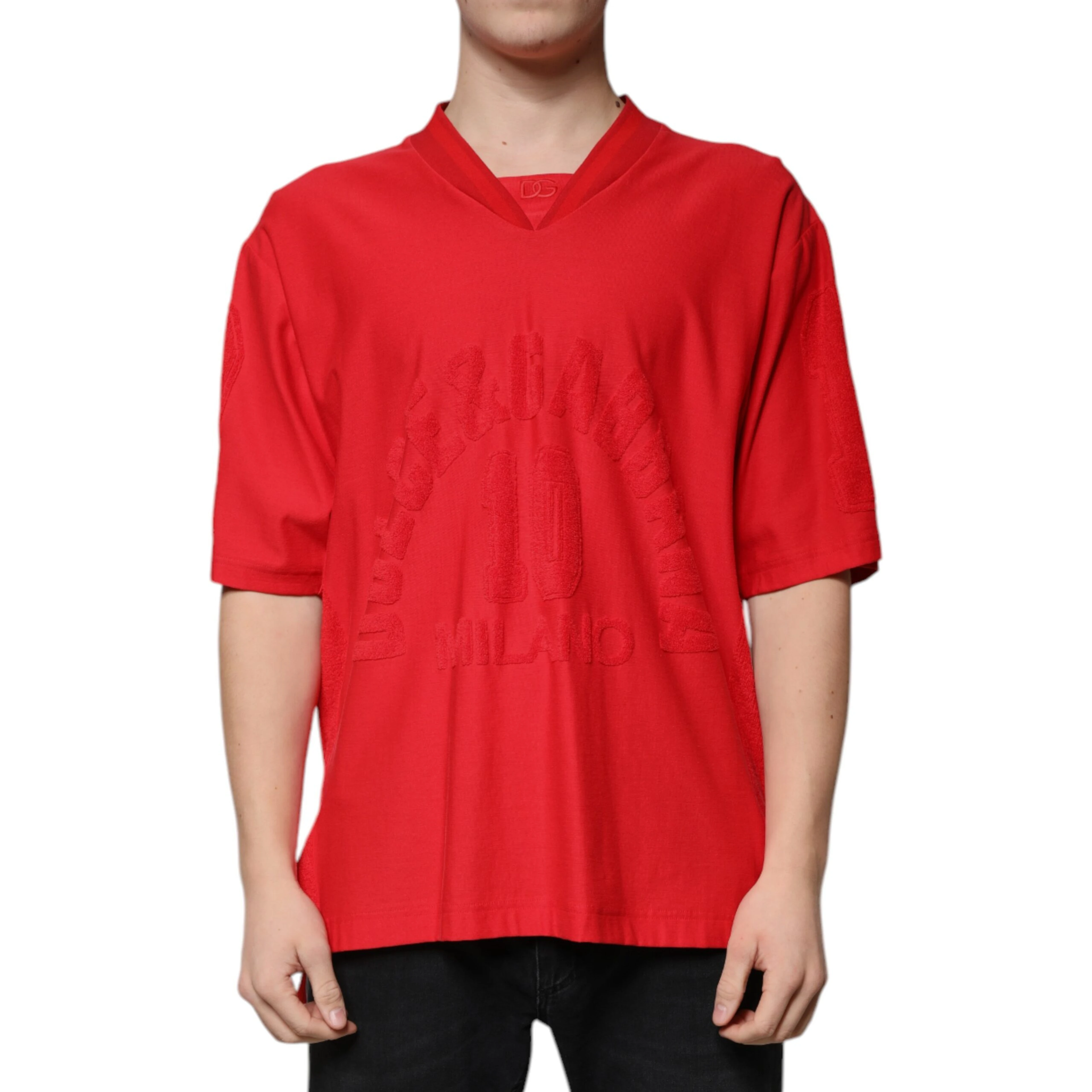 Red Cotton V-neck Short Sleeves T-shirt