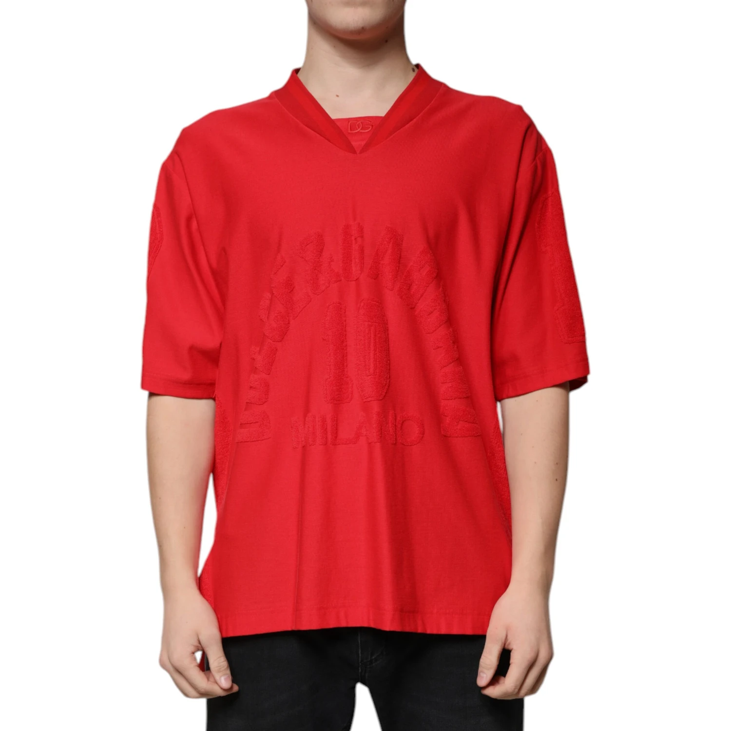 Red Cotton V-neck Short Sleeves T-shirt