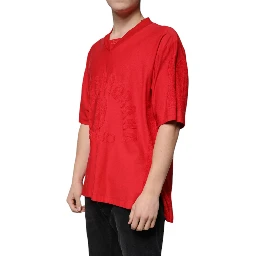 Red Cotton V-neck Short Sleeves T-shirt