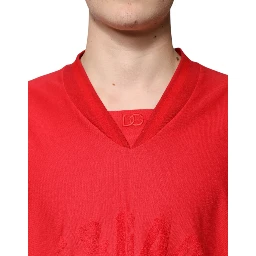 Red Cotton V-neck Short Sleeves T-shirt