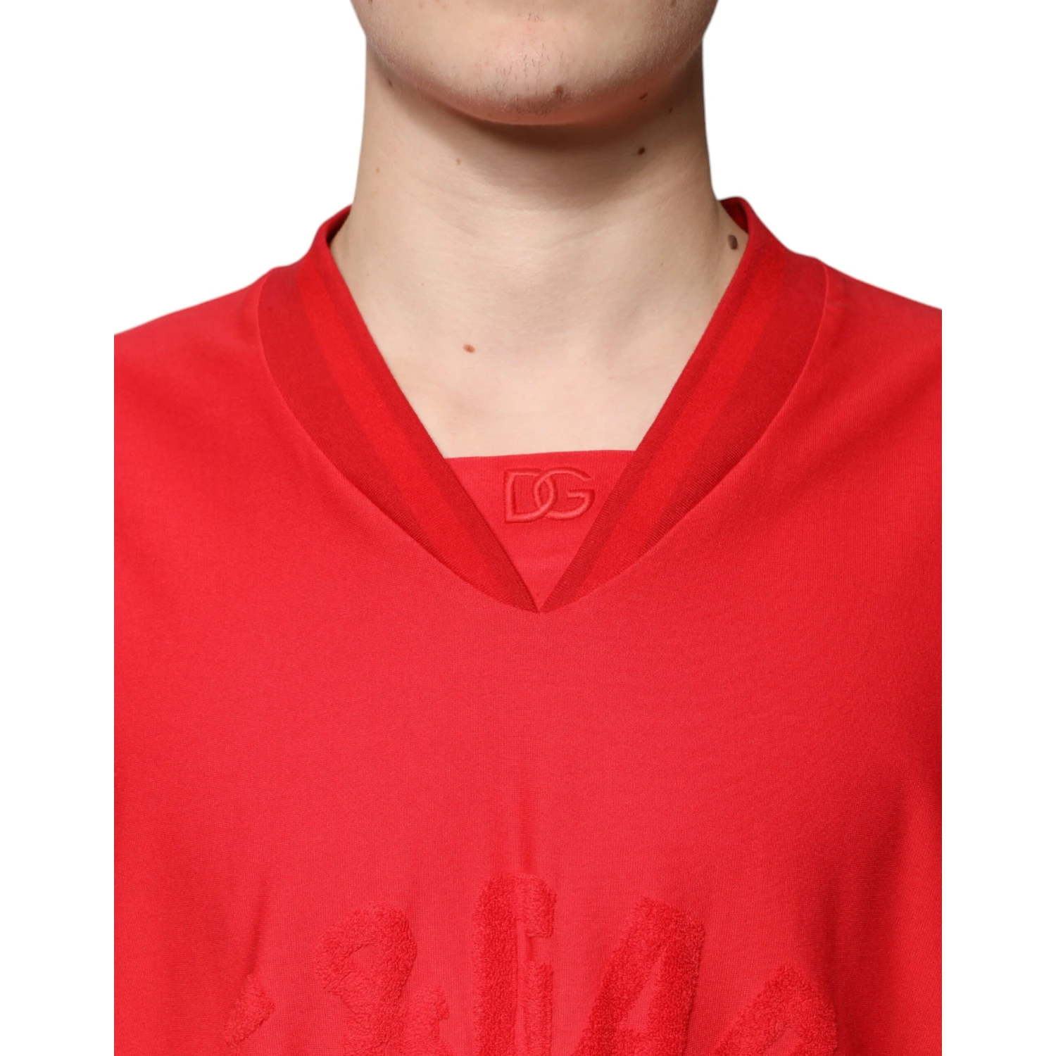 Red Cotton V-neck Short Sleeves T-shirt