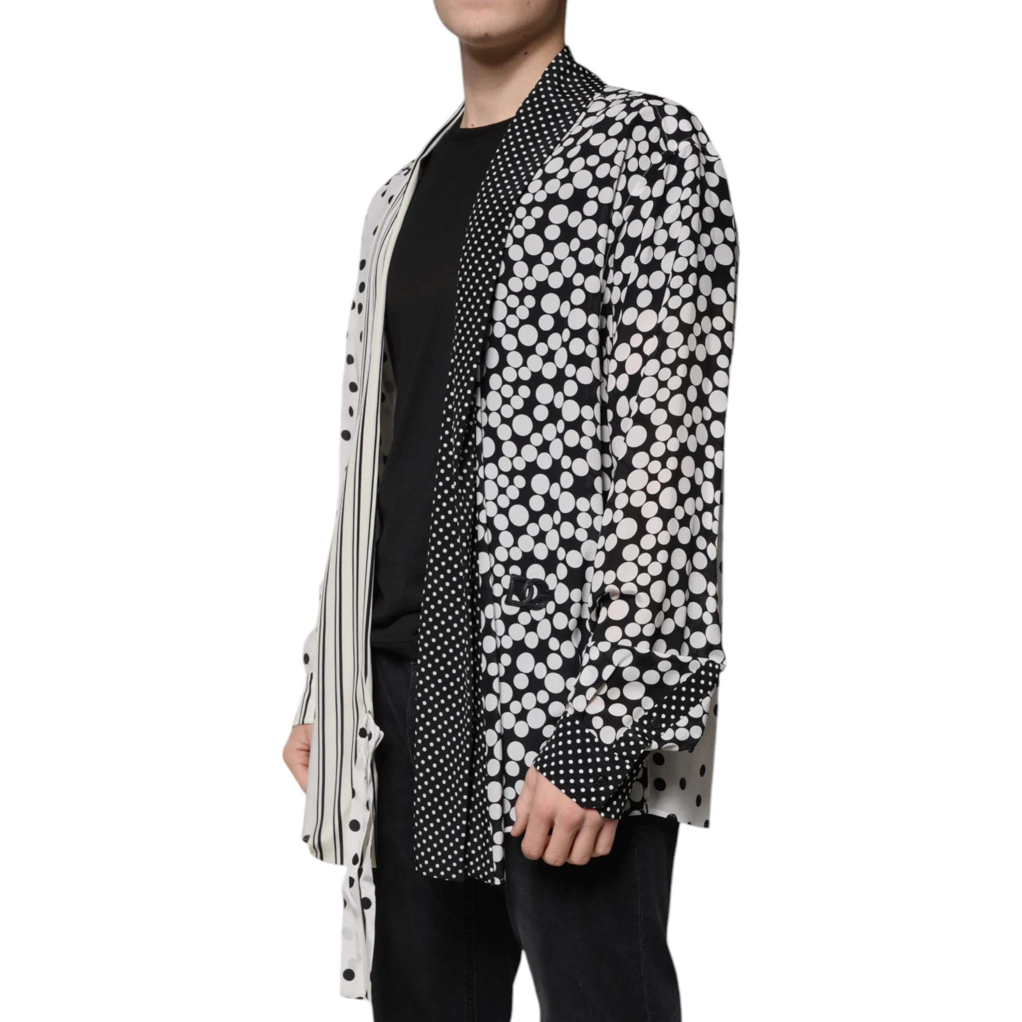 Black White Polka Dots Silk Men Casual Shirt