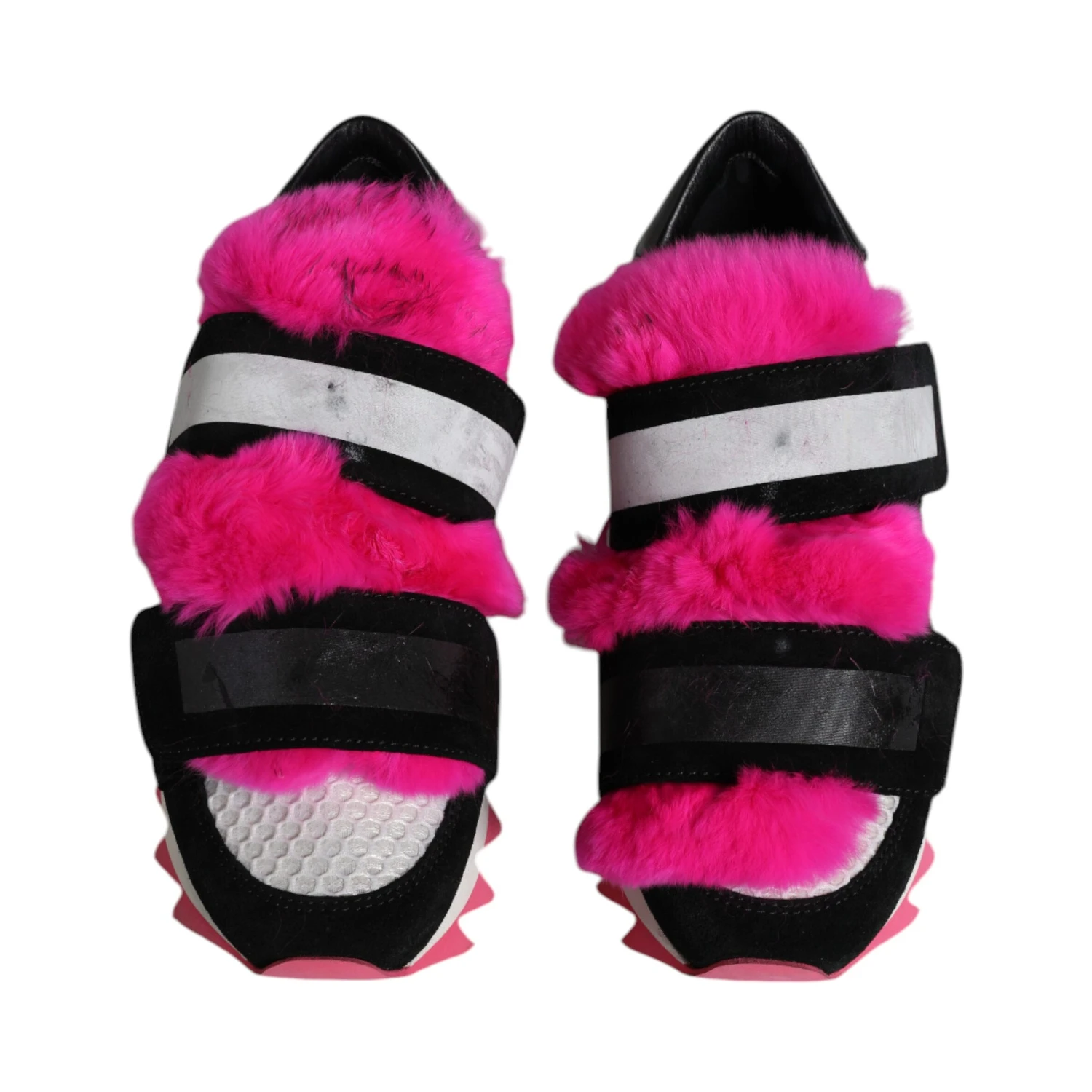 Black Pink Fur Embellished Sneakers Shoes