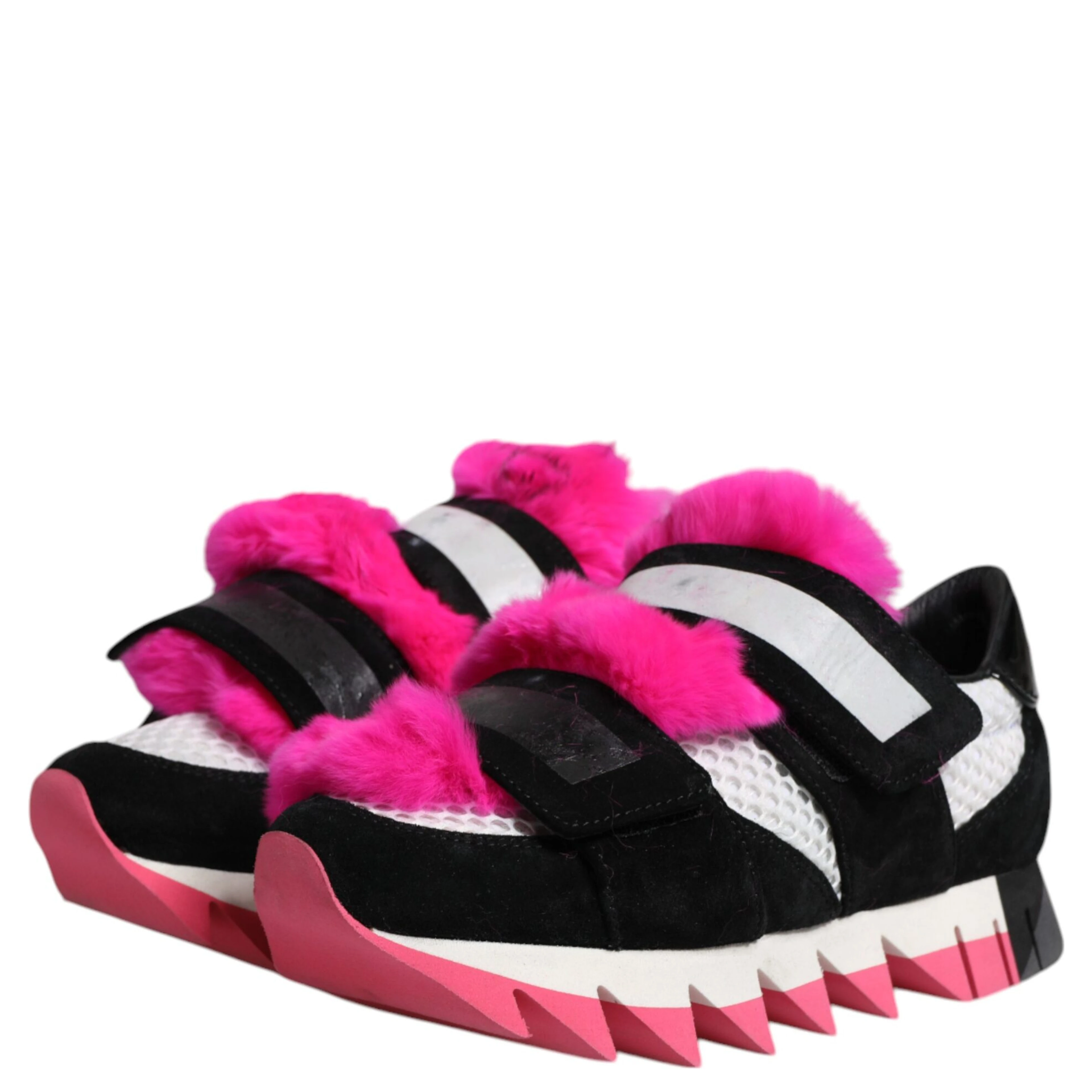 Black Pink Fur Embellished Sneakers Shoes