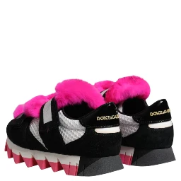 Black Pink Fur Embellished Sneakers Shoes