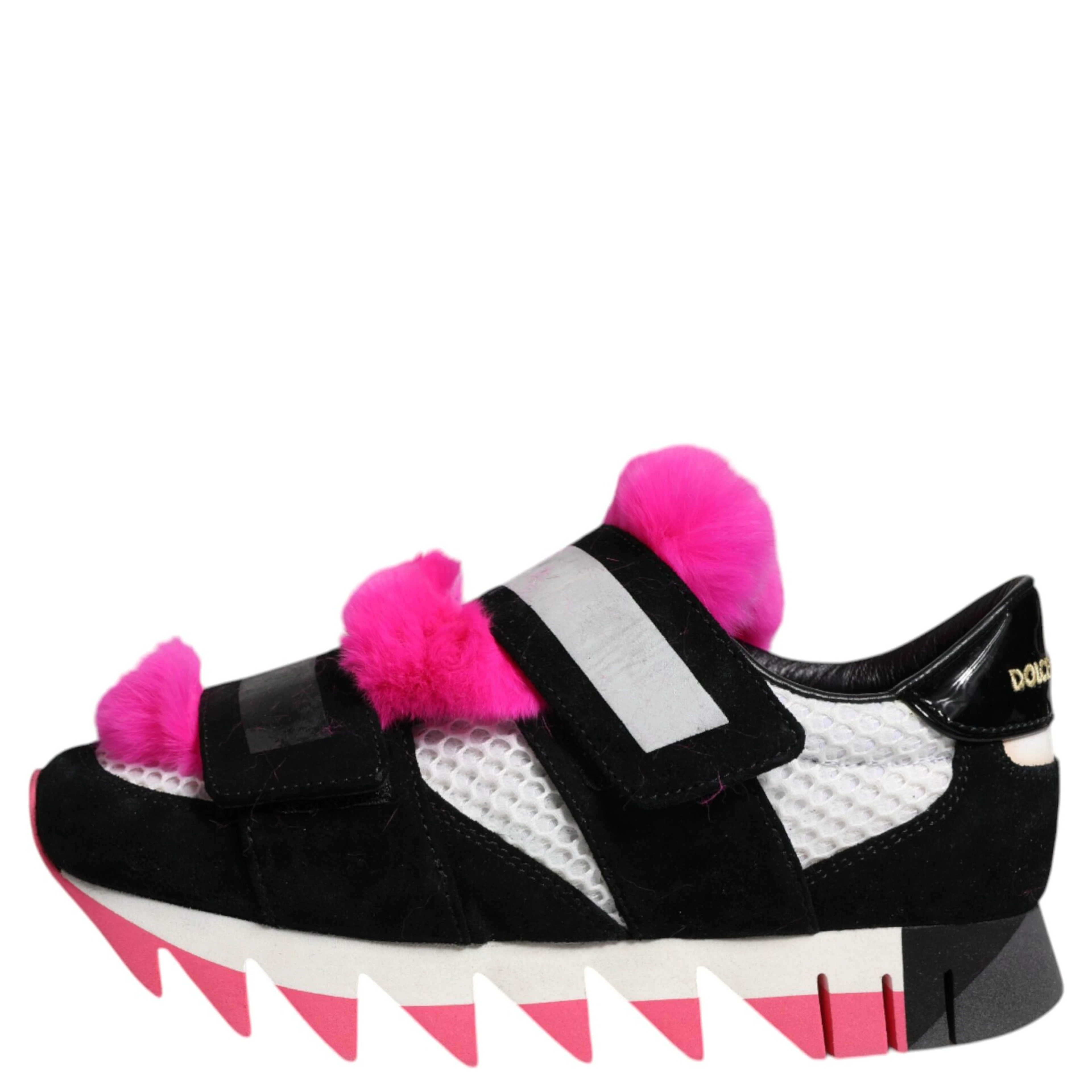 Black Pink Fur Embellished Sneakers Shoes