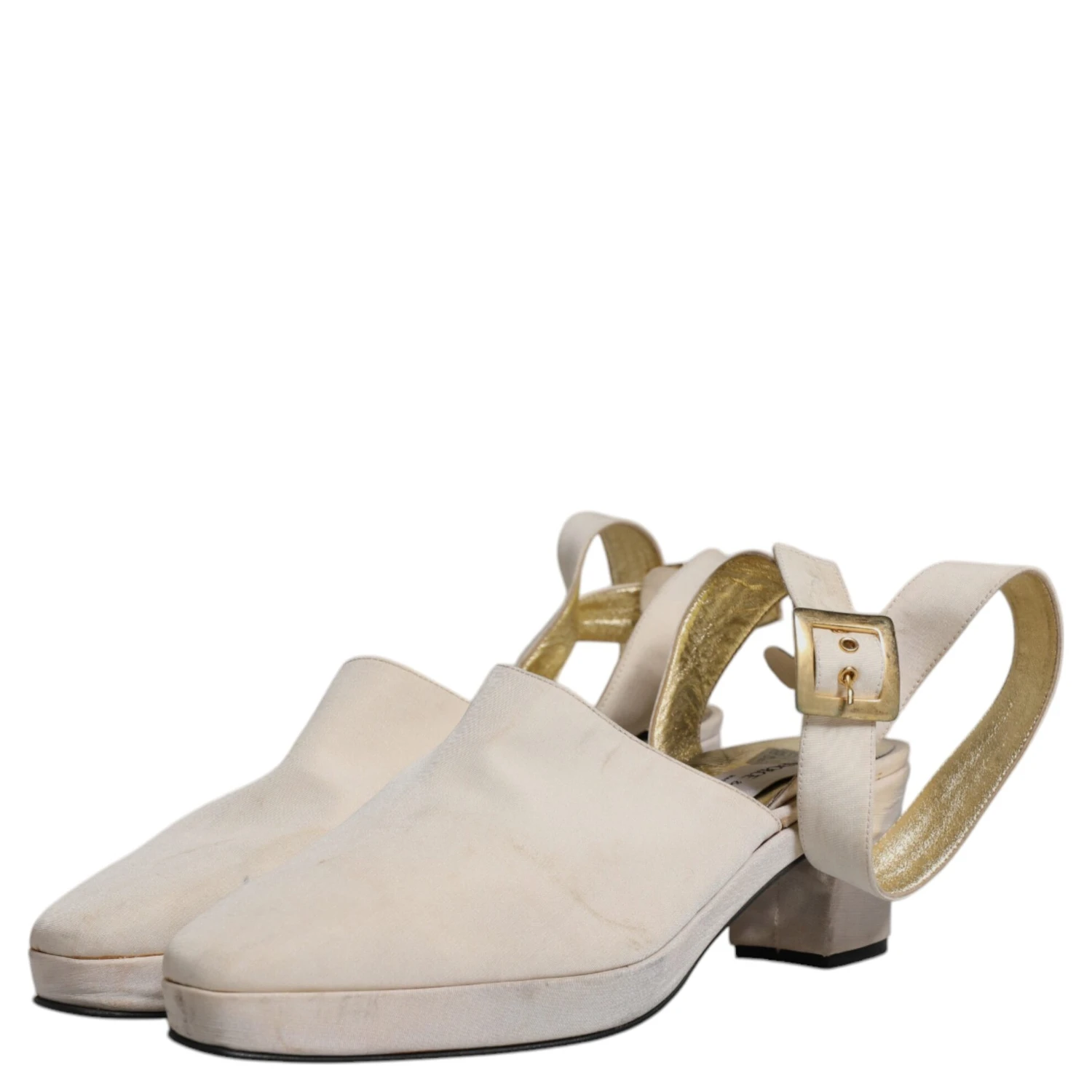 Off White Block Heels Slingback Sandals Shoes