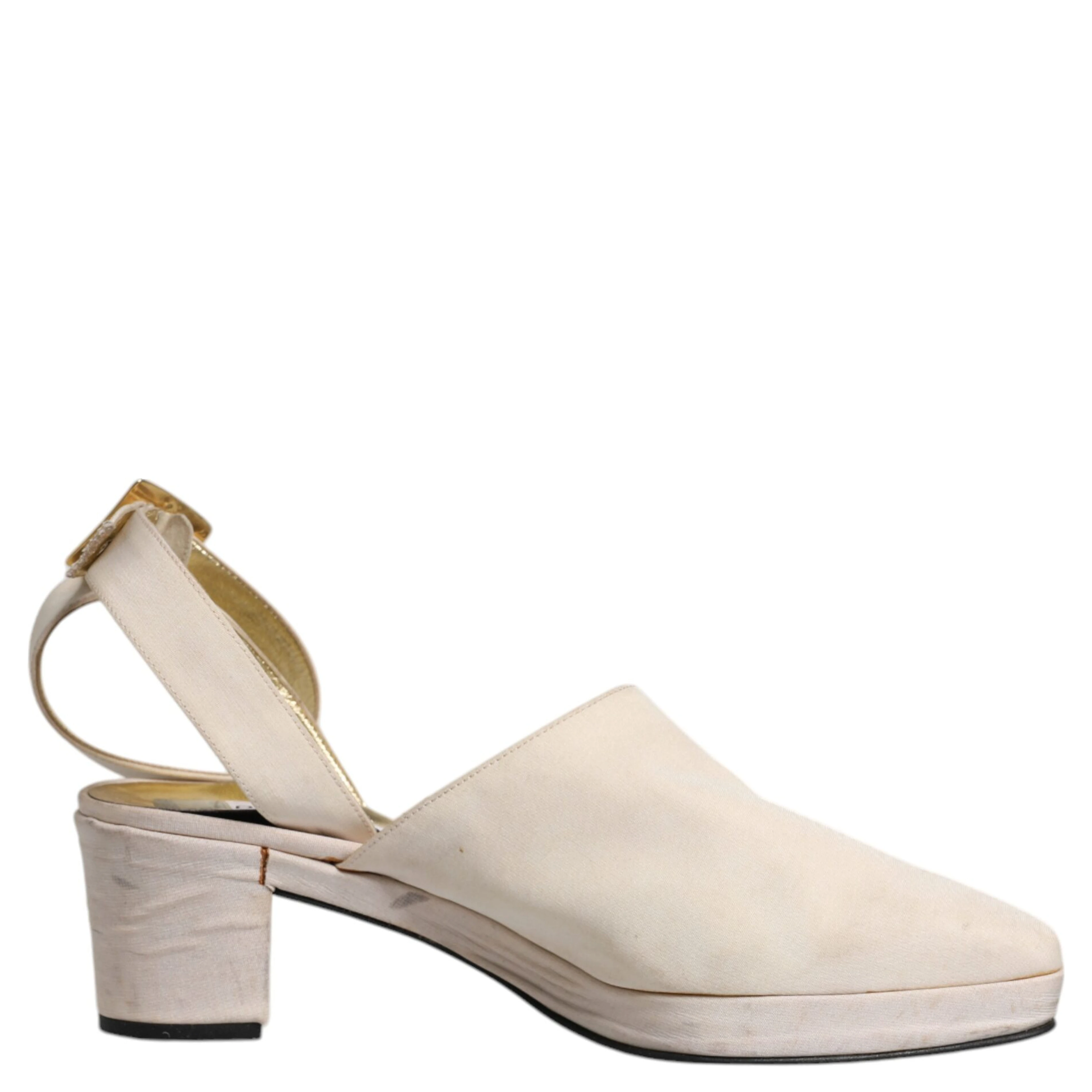 Off White Block Heels Slingback Sandals Shoes