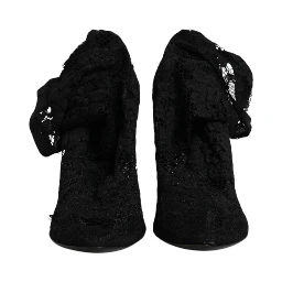 Black Lace Stretch Heels Mid Calf Boots Shoes
