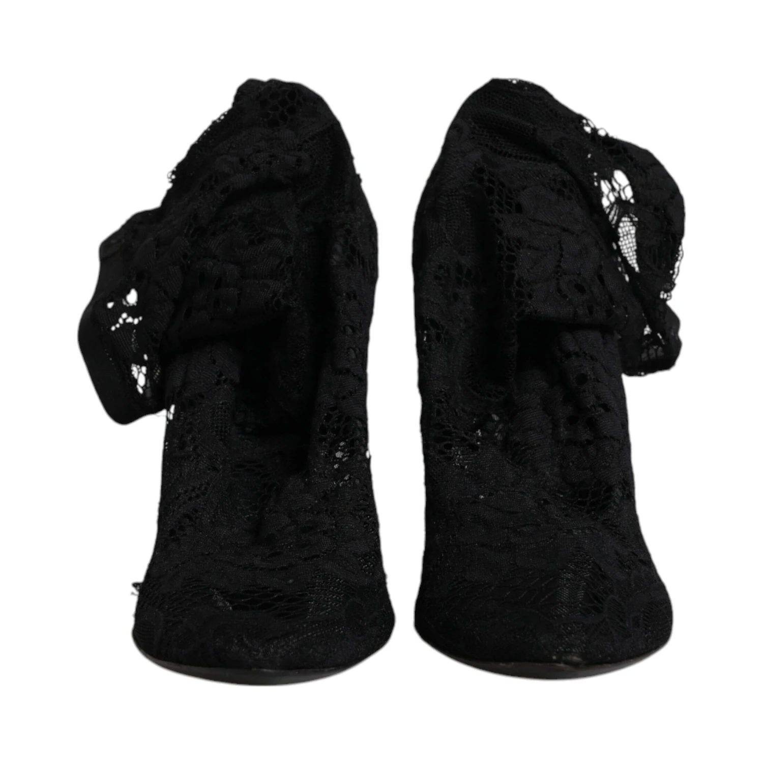 Black Lace Stretch Heels Mid Calf Boots Shoes