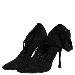Black Lace Stretch Heels Mid Calf Boots Shoes